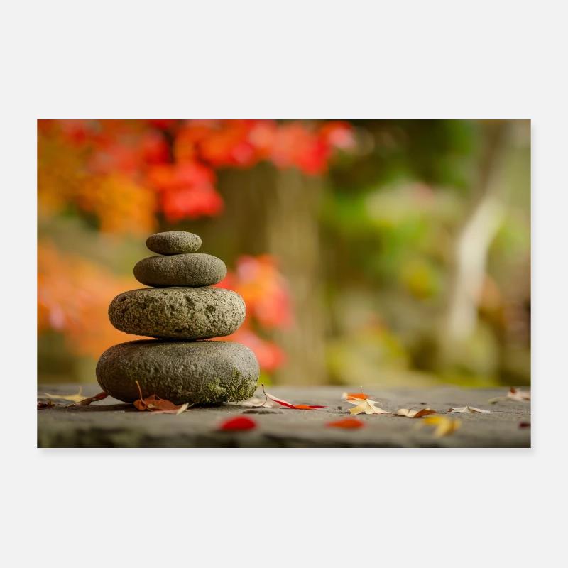 Zen Stone Stack with Autumn Leaves Poster 36" x 24" (90x60 cm)