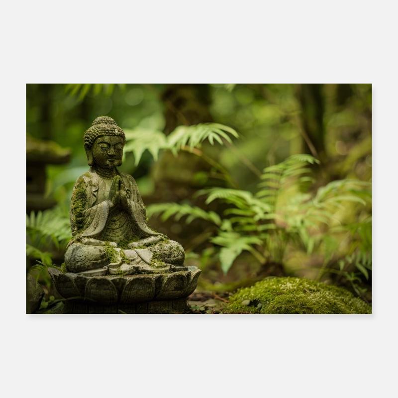 Zen Buddha Statue in Serene Forest Setting Poster 36" x 24" (90x60 cm)