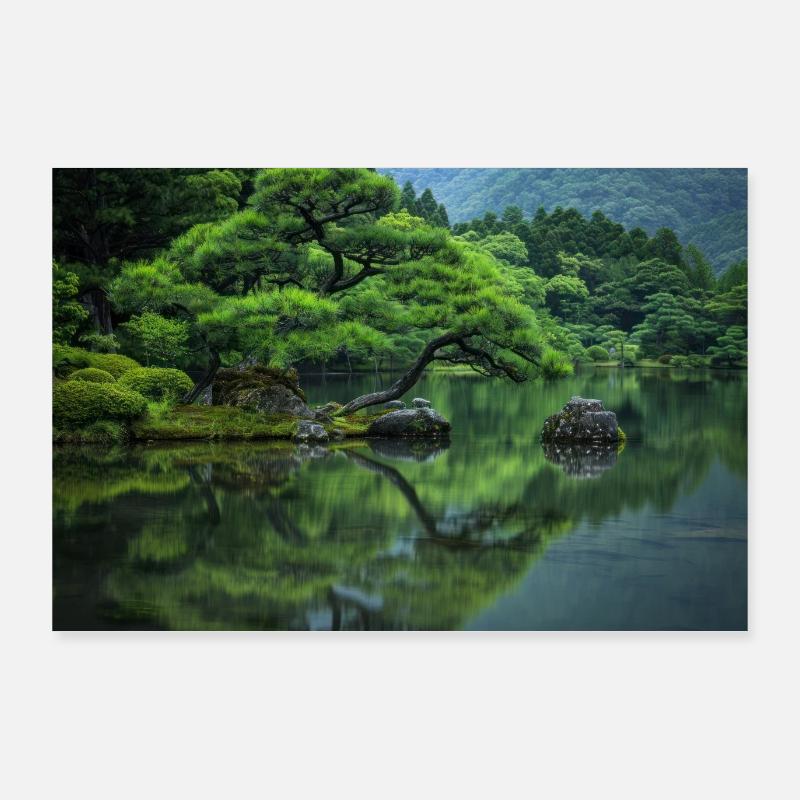 Serene Lake with Pine Trees and Reflections Poster 36" x 24" (90x60 cm)