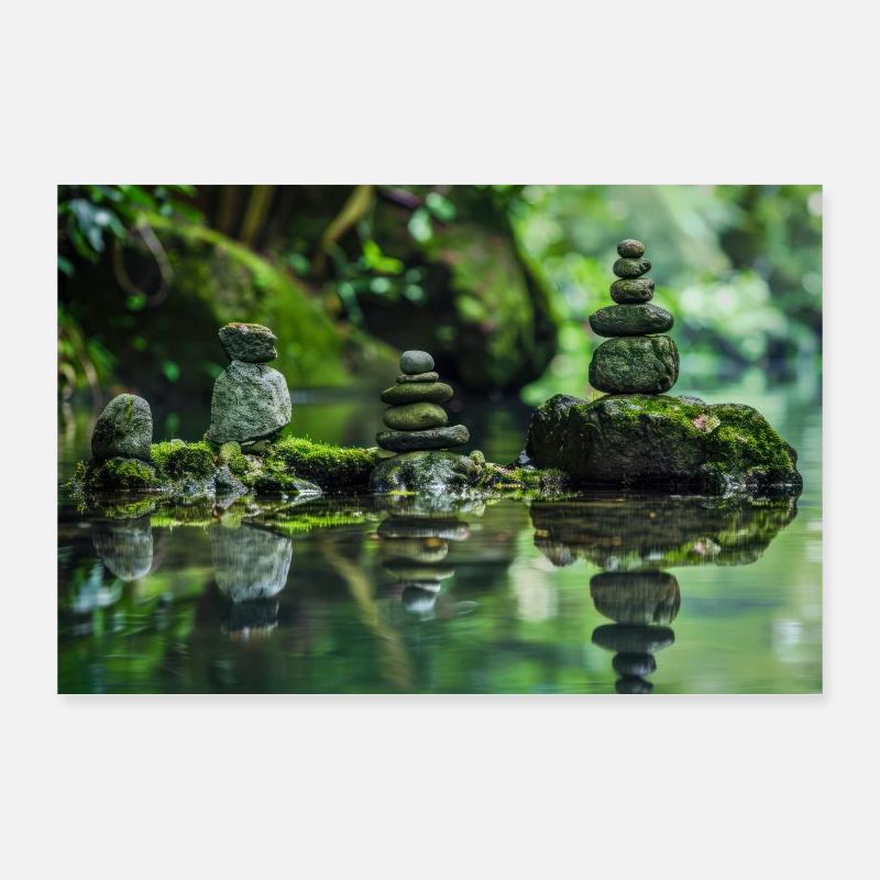 Zen Stone Stacks in Tranquil Forest Pond Poster 36" x 24" (90x60 cm)