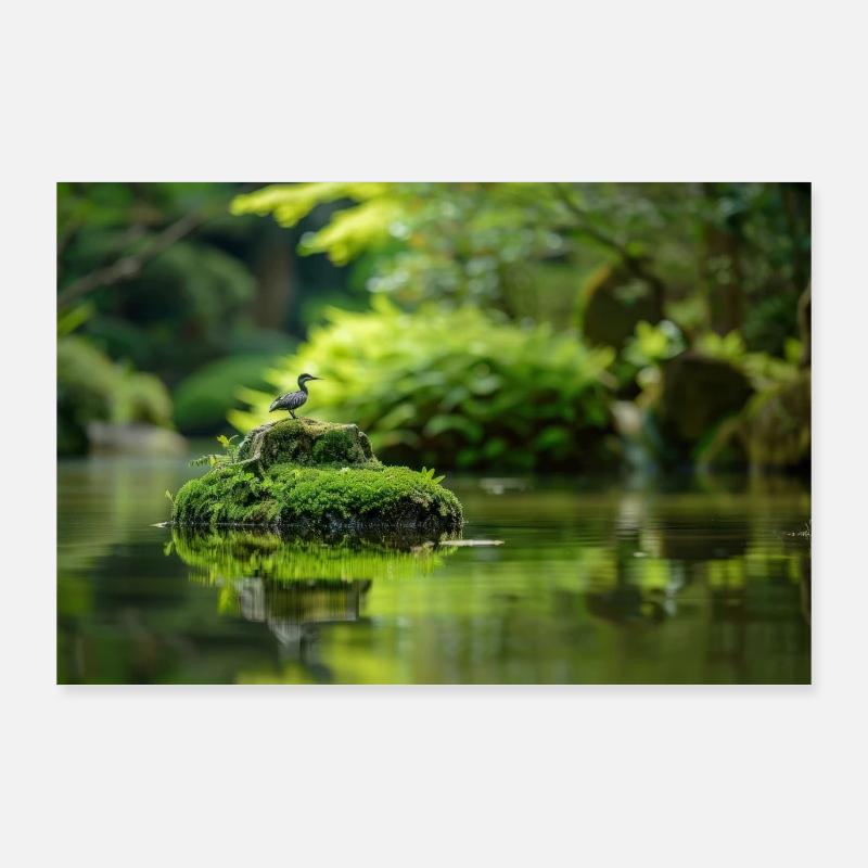 Stagno sereno con uccello su roccia muschiosa Poster 90x60 cm