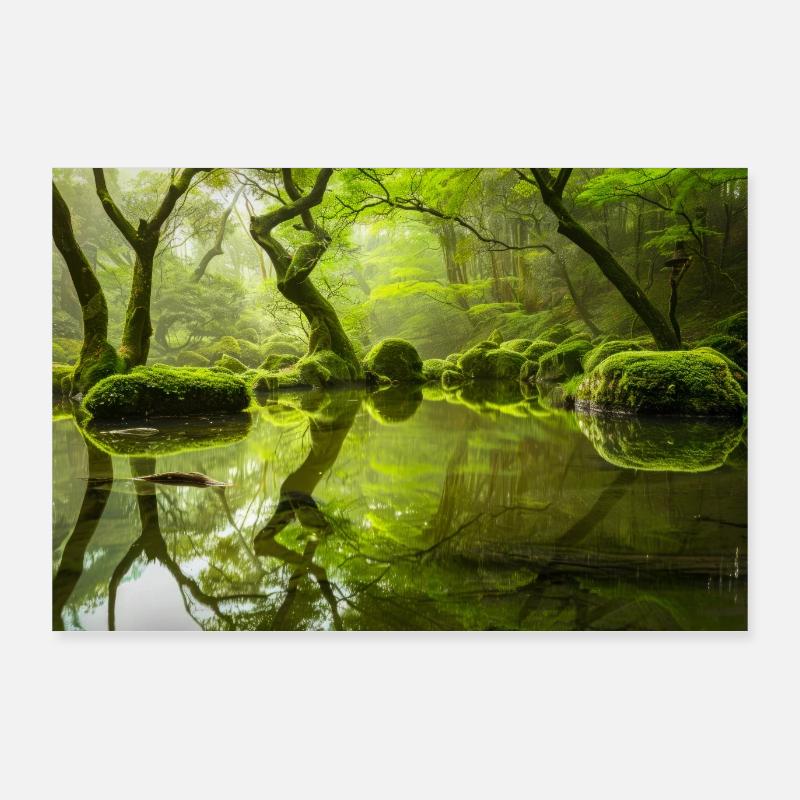 Enchanted Forest Reflections in Tranquil Pond - Poster 36" x 24" (90x60 cm) - white