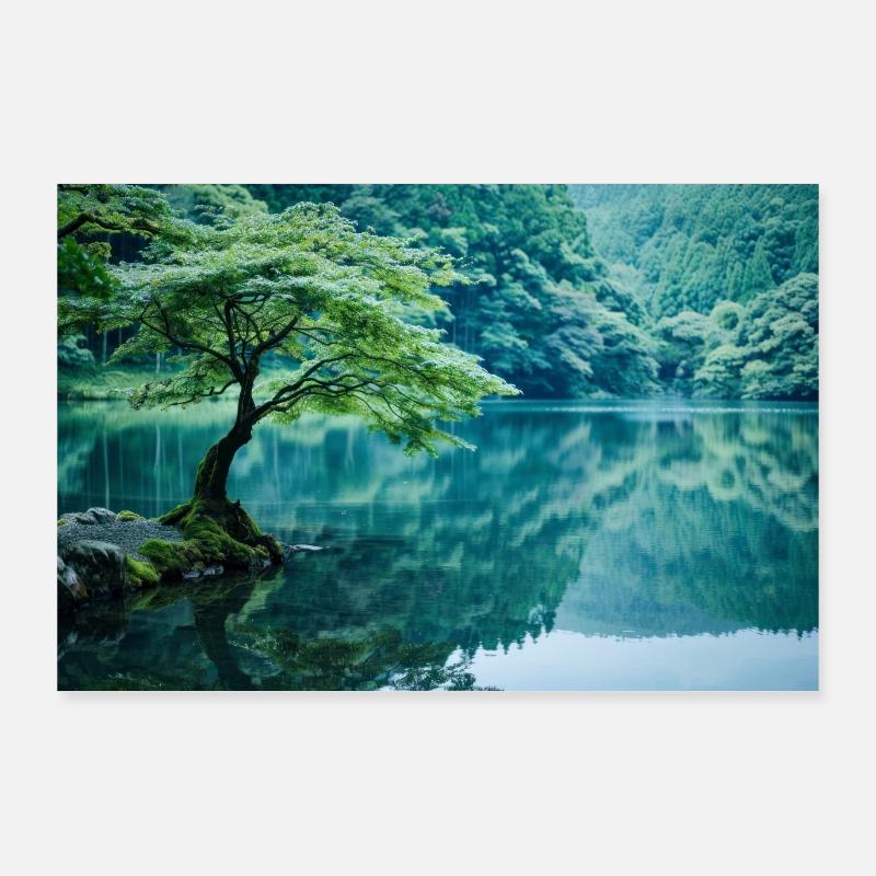 Tranquil Tree by Serene Lake Reflection - Poster 36" x 24" (90x60 cm) - white