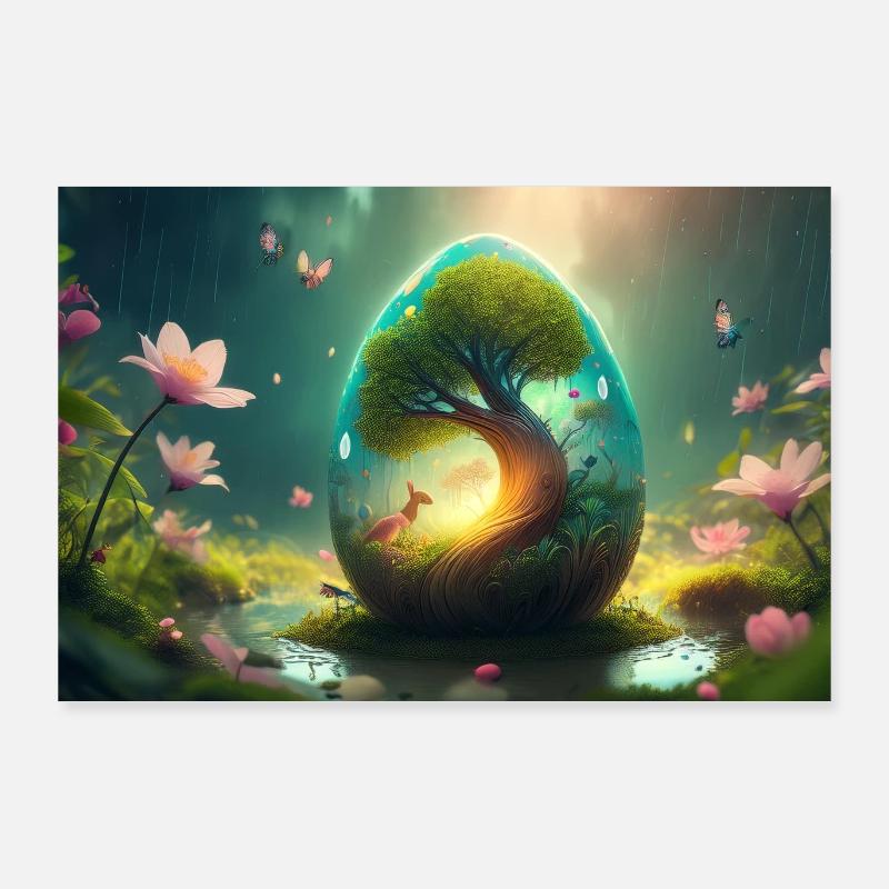 Wald Ei mit Tieren - Poster 90x60 cm - Weiß