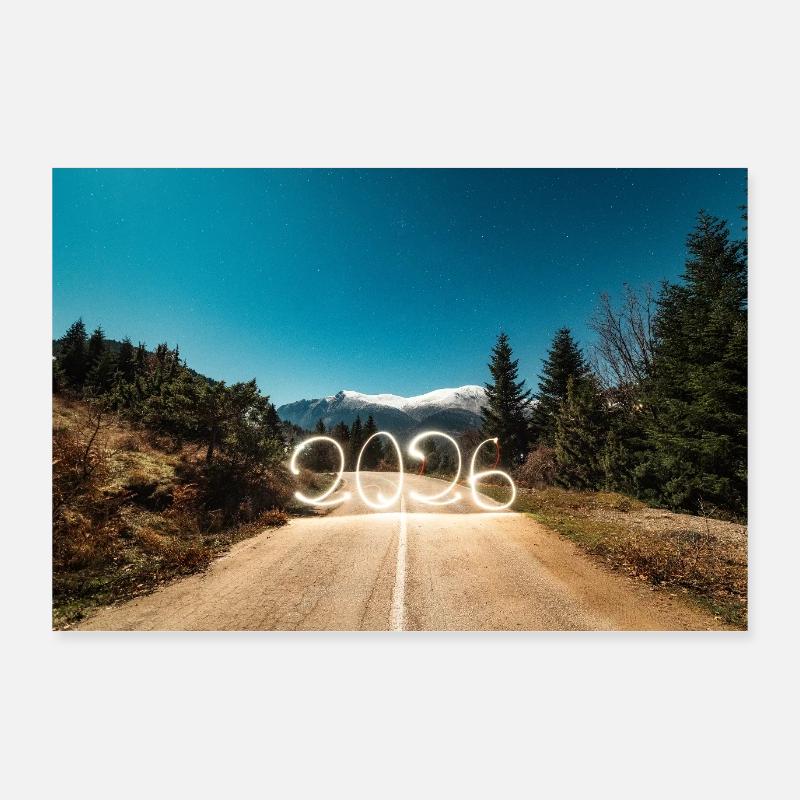 Year 2026 Light Painted with snowy mountains Poster 36" x 24" (90x60 cm)