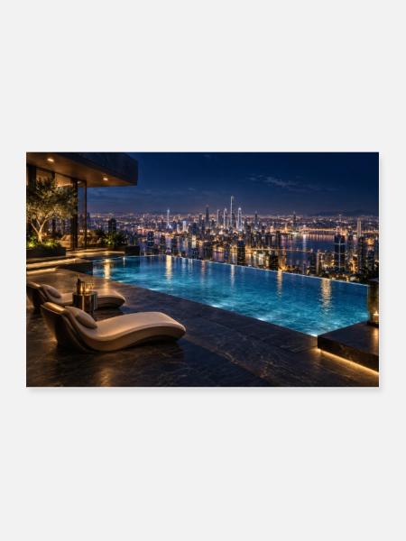 Infinity-Pool über der nächtlichen Skyline - Poster 90x60 cm - Weiß