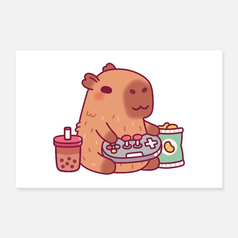 carino capibara che gioca ai videogiochi con il tè boba Poster 90x60 cm