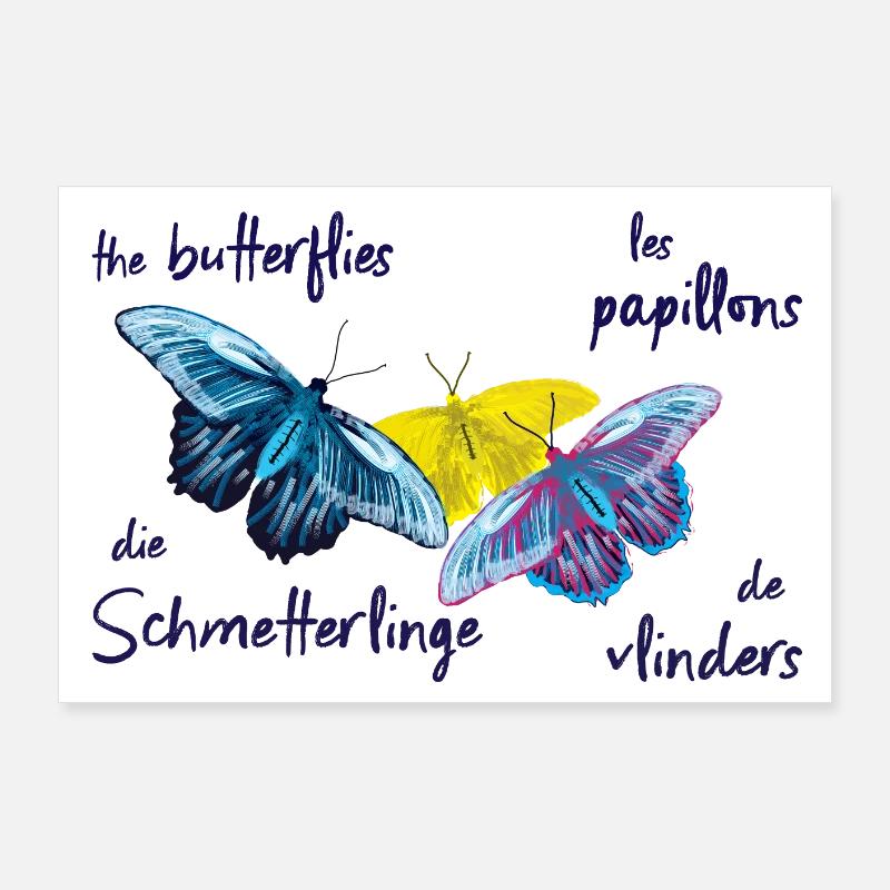 Bunte Schmetterlinge, 4 Sprachen - Poster 90x60 cm - Weiß
