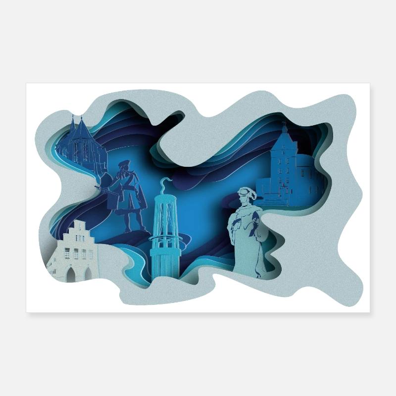 Moers Stadtsilhouette in Hydrographik-Optik - Poster 90x60 cm - Weiß