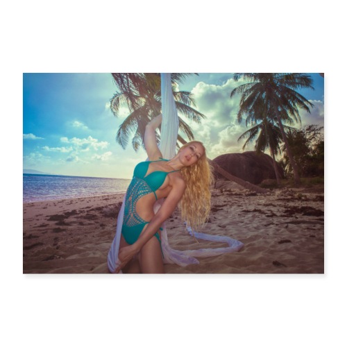 Girl with silk in the sand on an abandon island - Poster 90x60 cm