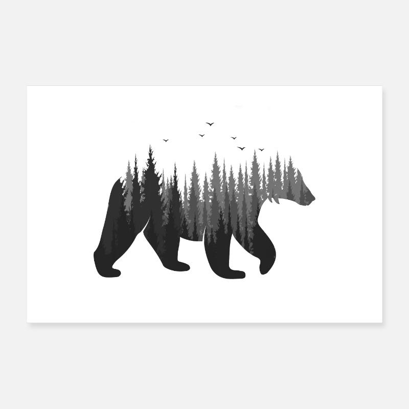 Brown Bear - Forest Double Exposure Effect - Poster 36" x 24" (90x60 cm) - white