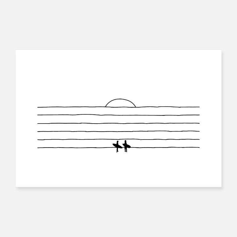 SUNSET SURF | Surfer | Line Art noir blanc Poster 90 x 60 cm