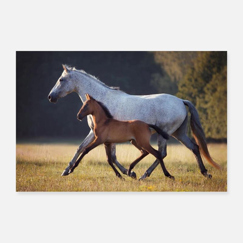 Jument avec poulain dans le paddock à cheval le soir Poster 90 x 60 cm