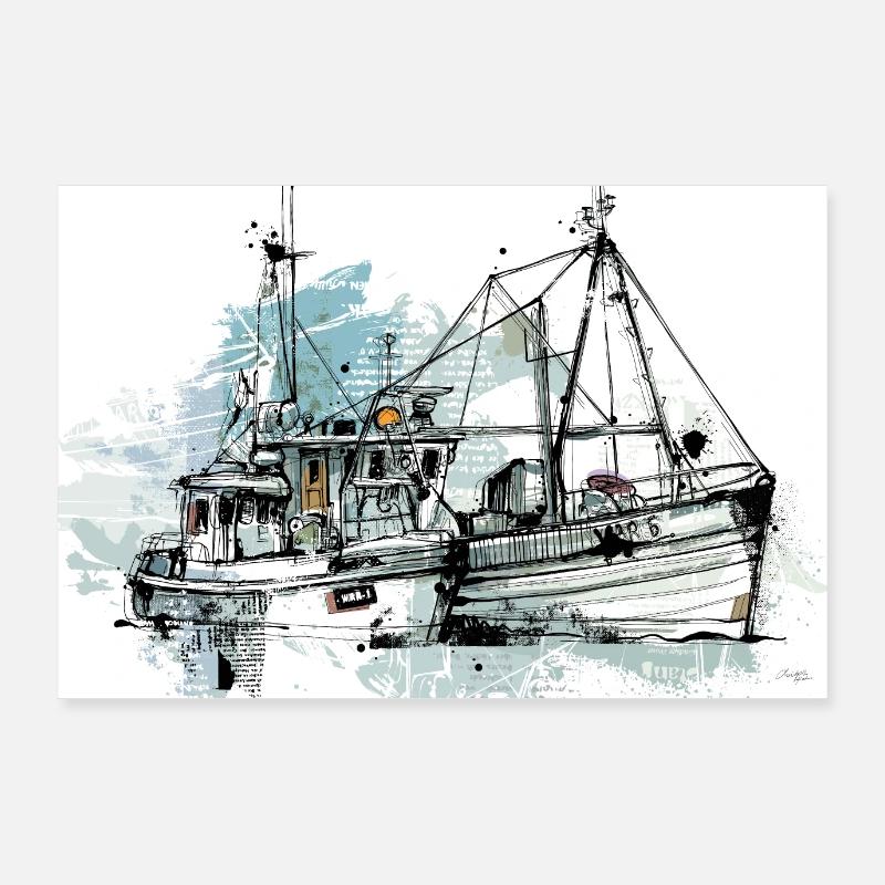 Zwei Kutter von der Küste - Poster 90x60 cm - Weiß