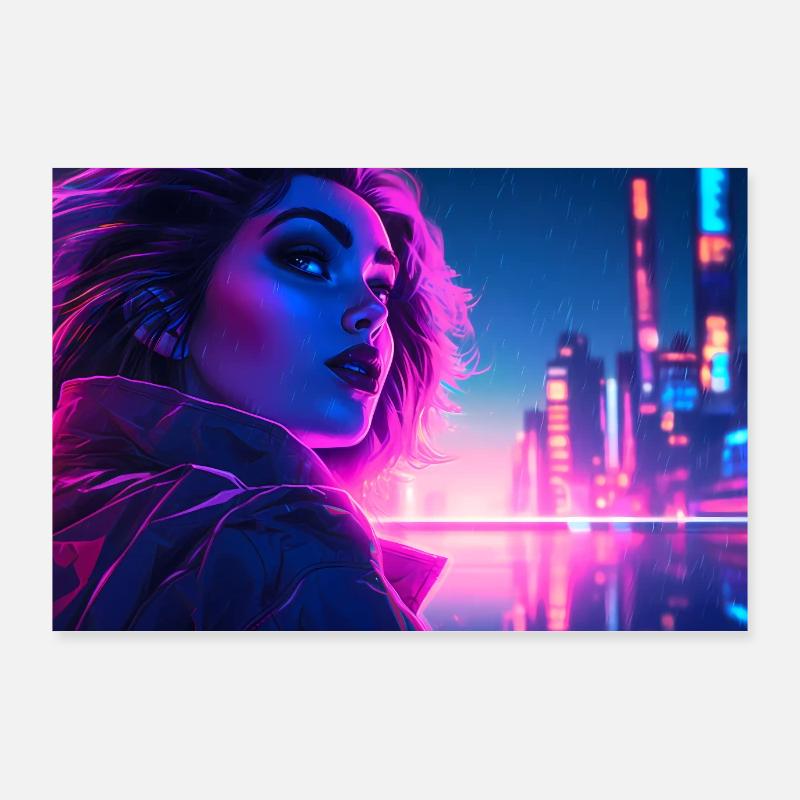 Synthwave Girl - Design aux couleurs néon Poster 90 x 60 cm