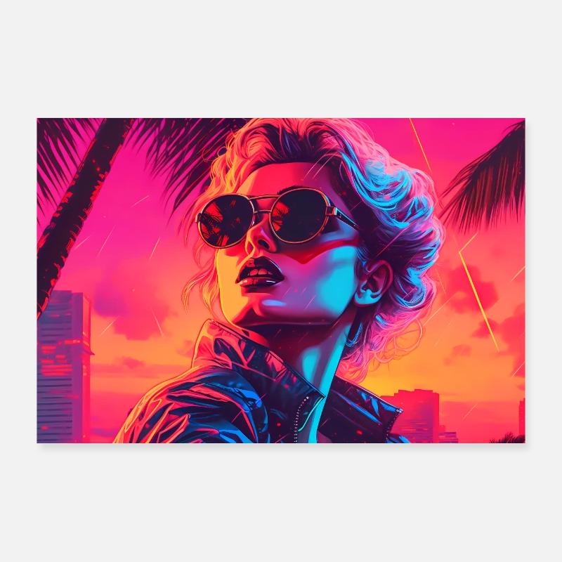 Synthwave coucher de soleil avec lunettes de soleil Poster 90 x 60 cm