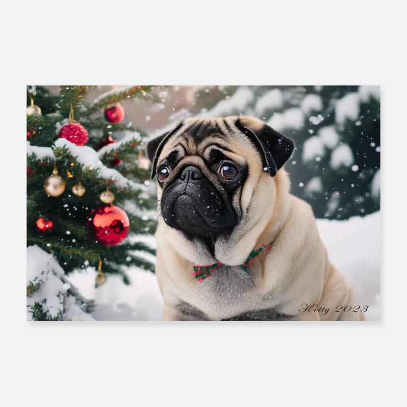 Mignon carlin devant un sapin de Noël enneigé Poster 90 x 60 cm