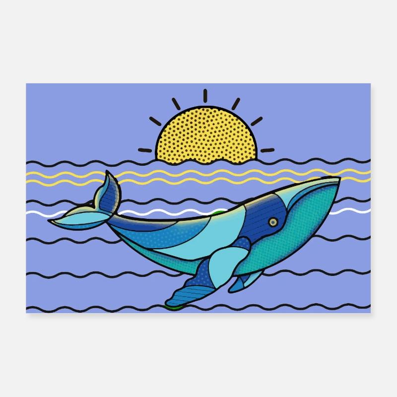 Illustration eines Wals im sonnigen Meer Poster 90x60 cm