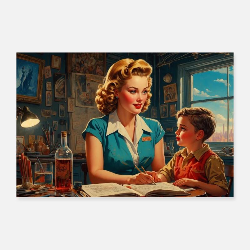 Wandbild - Mutter und Kind - Retro 50er Jahre Poster 90x60 cm