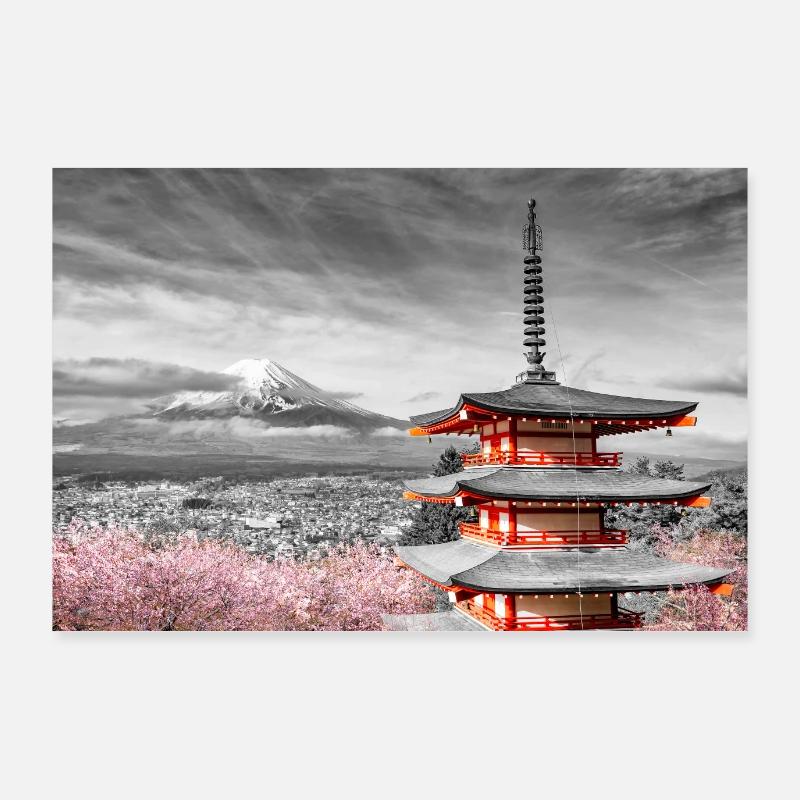 Fuji avec pagode Chureito à fleur de cerisier colorkey Poster 90 x 60 cm