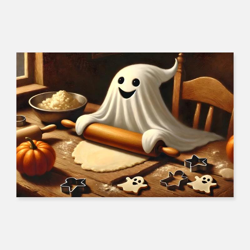 Geist beim Plätzchenbacken: Süßer Halloween Spaß - Poster 90x60 cm - Weiß