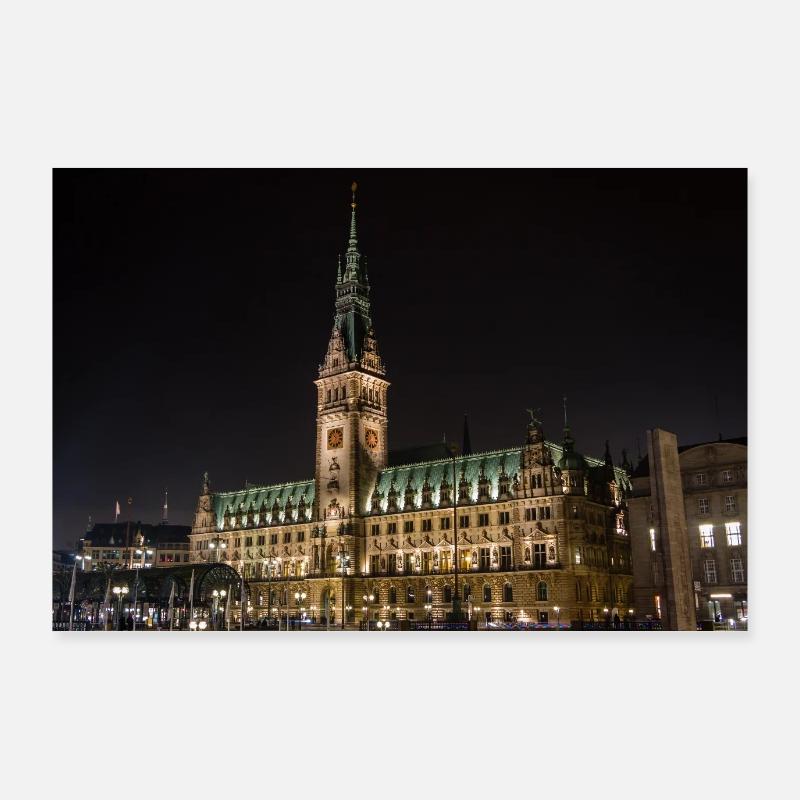 Hôtel de ville de Hambourg la nuit - Affiche Poster 90 x 60 cm
