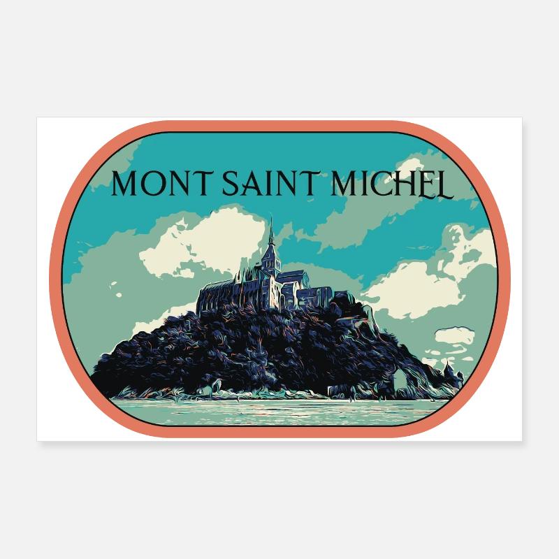 Illustration in blue and green of Mont Saint Michel Poster 36" x 24" (90x60 cm)