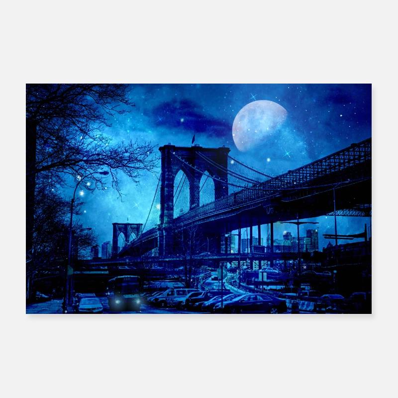 Brooklyn Bridge New York Blue Art Poster 36" x 24" (90x60 cm)