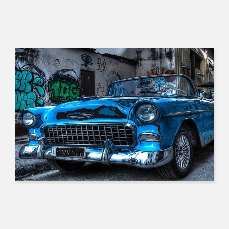 COMIC IN CUBA: VOITURE RÉTRO AVEC GRAFFITTI Poster 90 x 60 cm