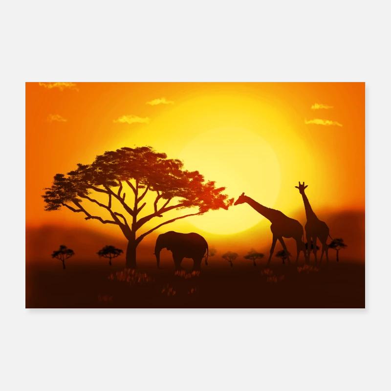 Coucher de soleil en Afrique du Sud avec éléphant, girafes Poster 90 x 60 cm