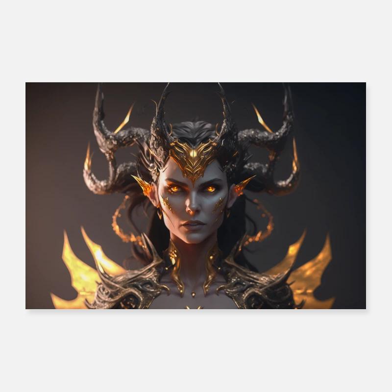 Wunderschöner weiblicher Demon Mit Feurigen Augen - Poster 90x60 cm - Weiß