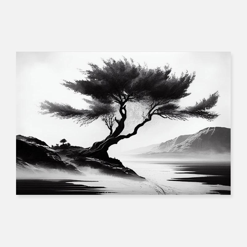 Schwarze Schönheit - Kohlestift Baum Silhouette AI Poster 90x60 cm