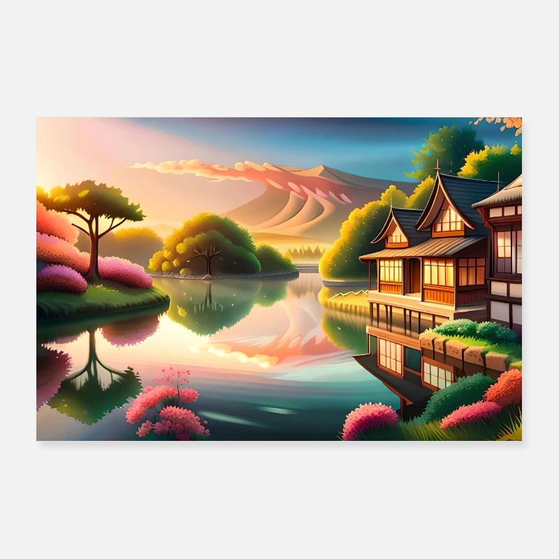 Haus mit Blick auf den Fluss, Blumen, Bäume Sonnenuntergang Anime Poster 90x60 cm
