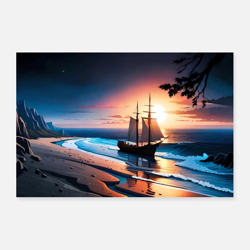 belle plage avec bateau au coucher du soleil anime Poster 90 x 60 cm