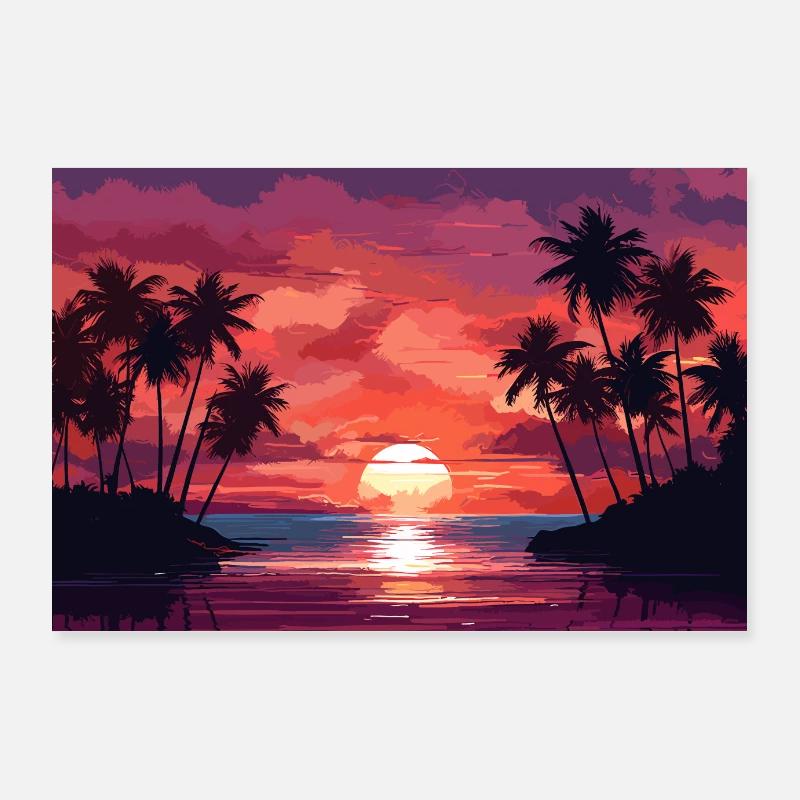 Plage Palmiers Coucher de soleil Poster 90 x 60 cm