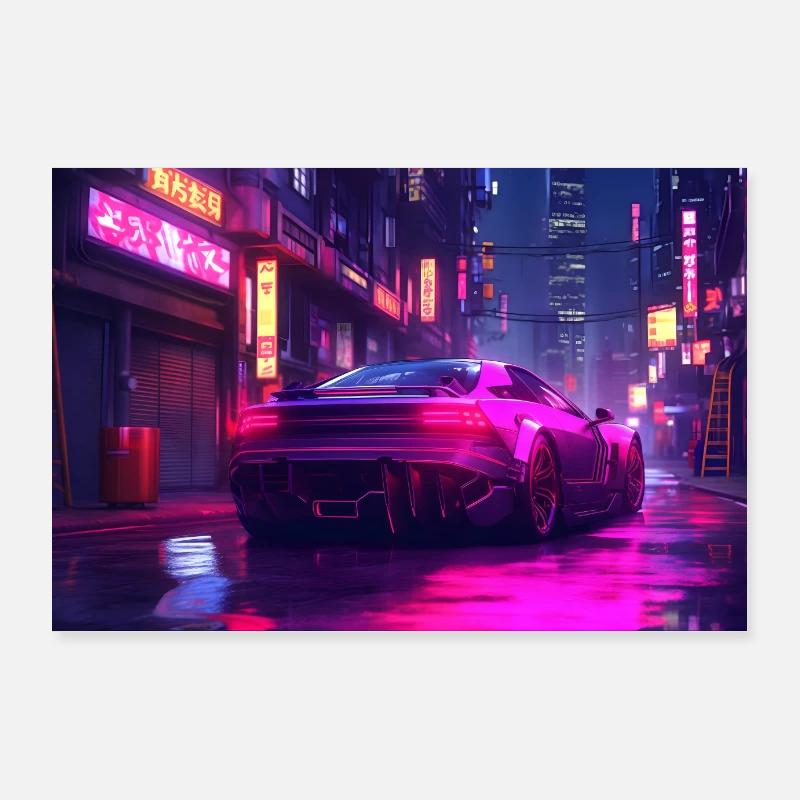 Auto Neon Stadt - Poster 90x60 cm - Weiß