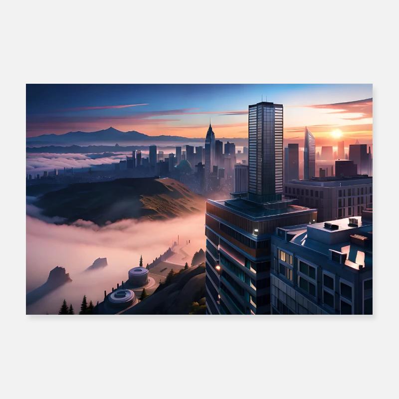 beau paysage urbain, bâtiments, brouillard, coucher de soleil Poster 90 x 60 cm