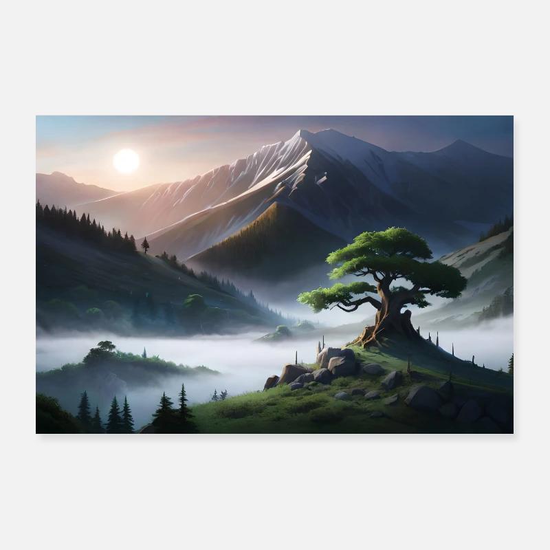 beautiful tree in the cloudy mountains Poster 36" x 24" (90x60 cm)