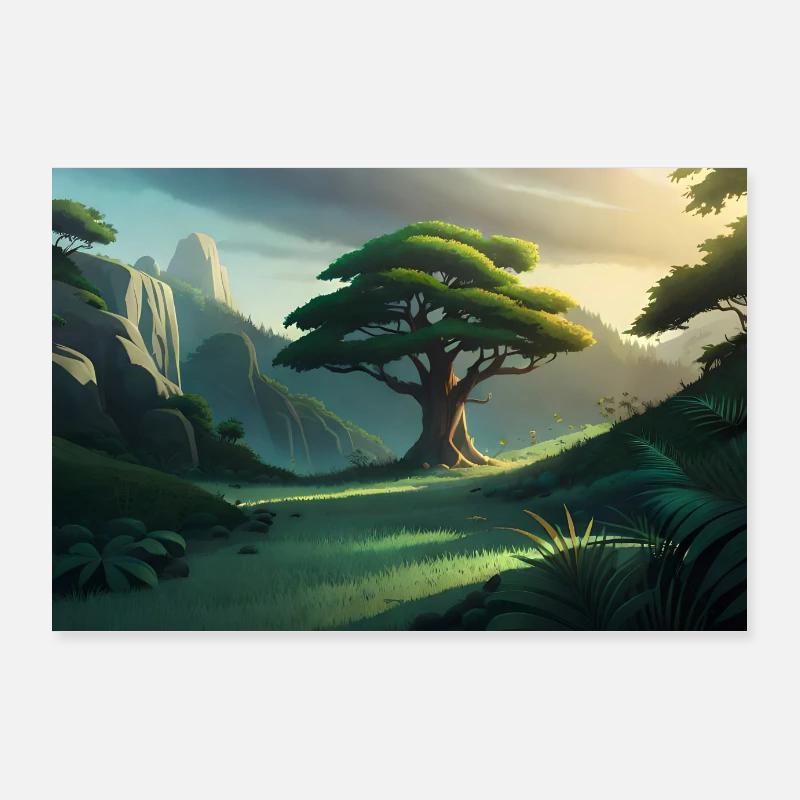 anime epic tree between mountains Poster 36" x 24" (90x60 cm)