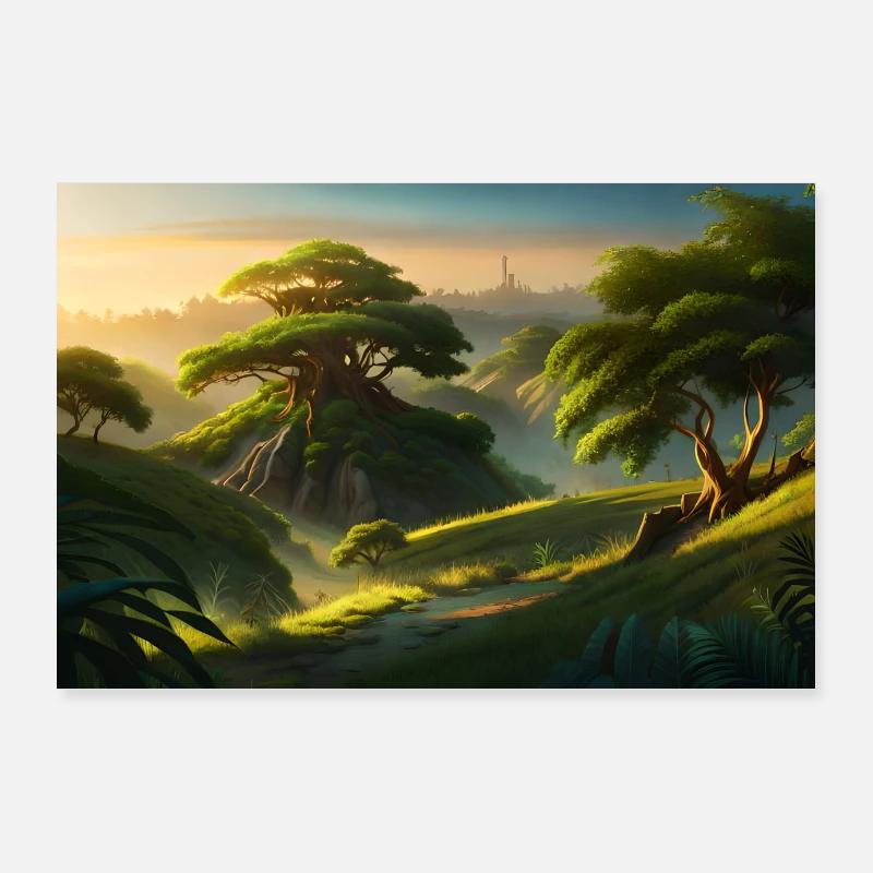 anime epic jungle trees between mountains Poster 36" x 24" (90x60 cm)