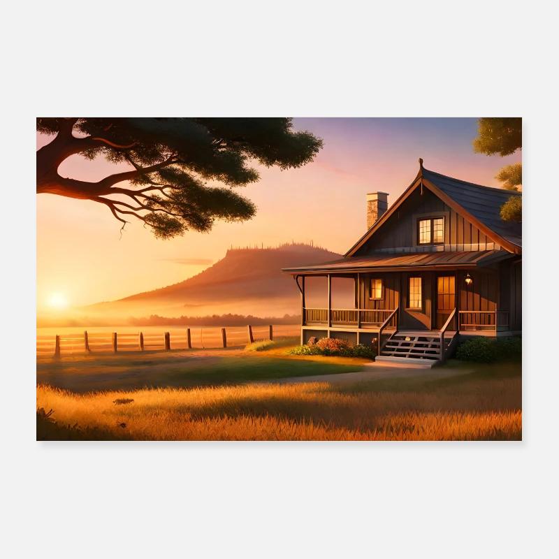Belle maison de campagne au coucher du soleil Poster 90 x 60 cm