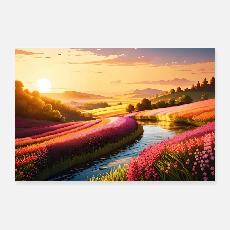 Belles collines fleuries à côté de la rivière Poster 90 x 60 cm