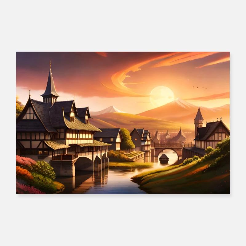 Maisons Renaissance au coucher du soleil au bord de la rivière Poster 90 x 60 cm
