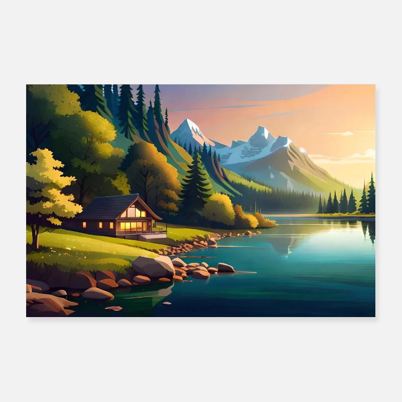 Maison d’anime dans les bois au bord de la rivière Poster 90 x 60 cm