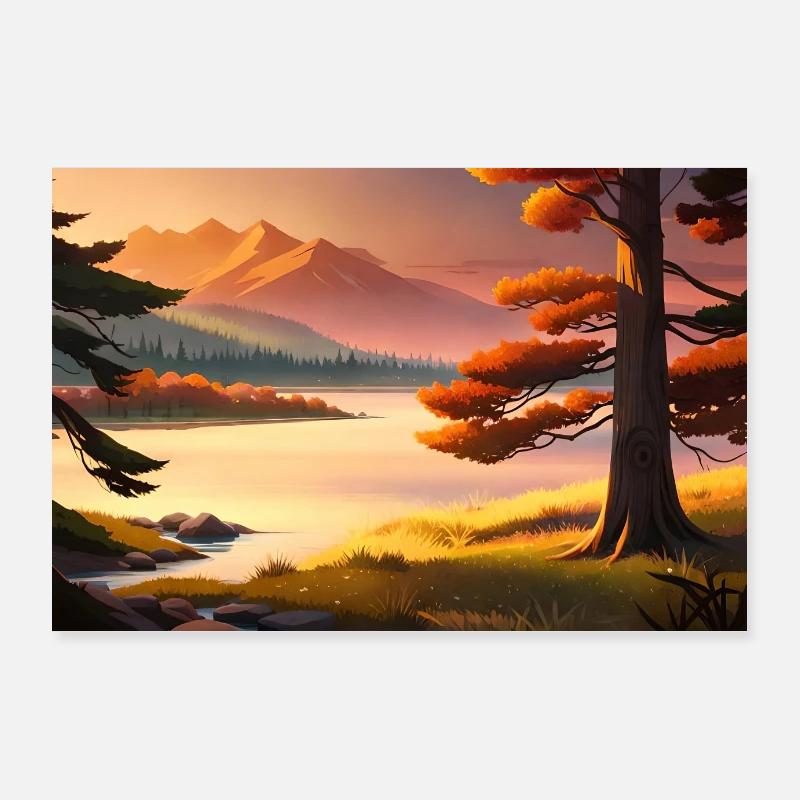 anime trees by the river in autumn Poster 36" x 24" (90x60 cm)