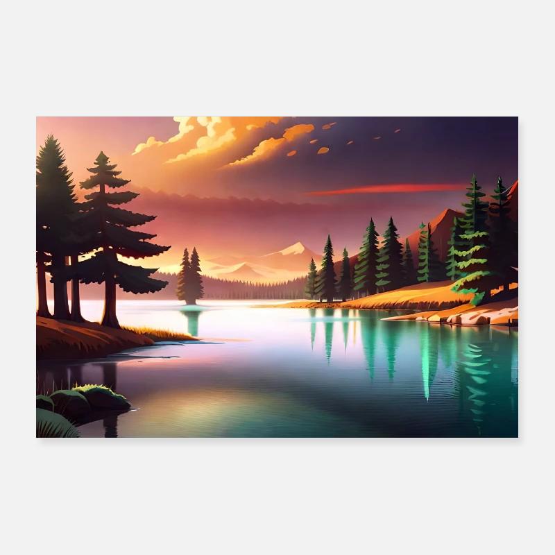 anime river between pines and mountains Poster 36" x 24" (90x60 cm)