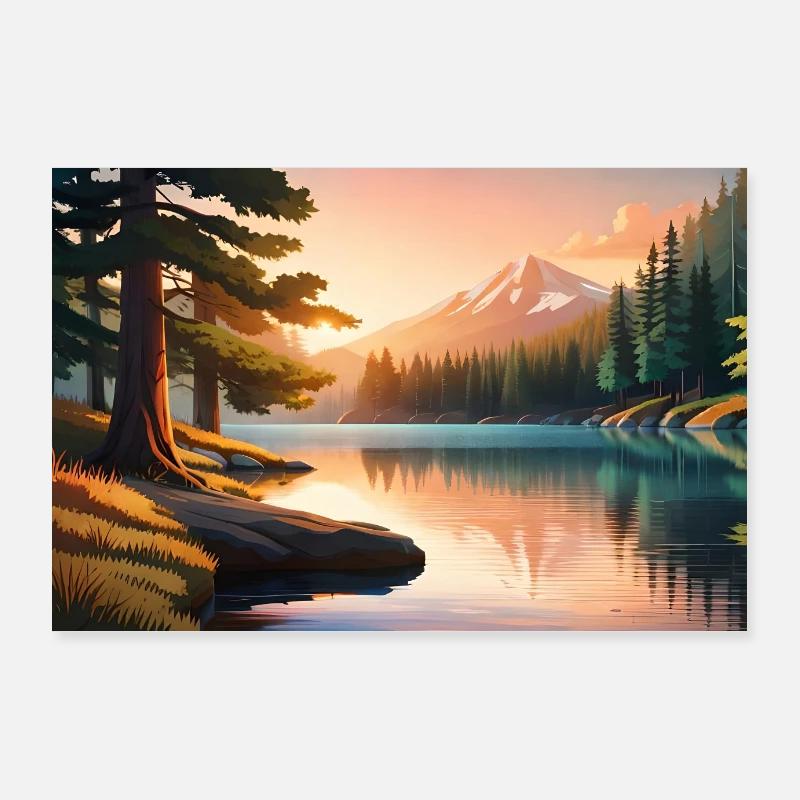 Rivière Anime entre pins et montagnes Poster 90 x 60 cm