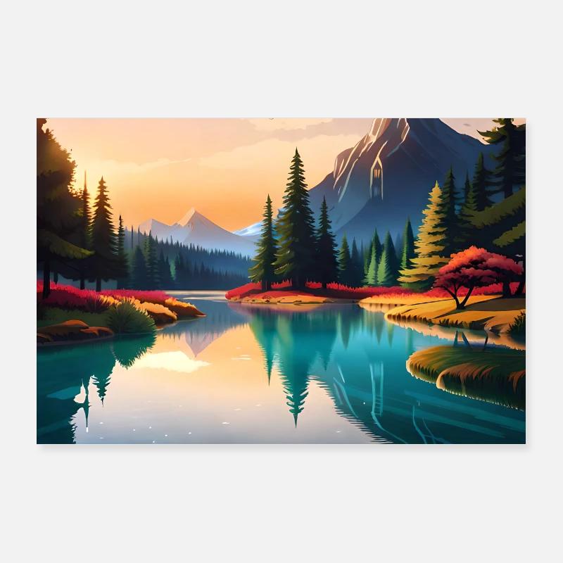 anime river between pines and mountains Poster 36" x 24" (90x60 cm)