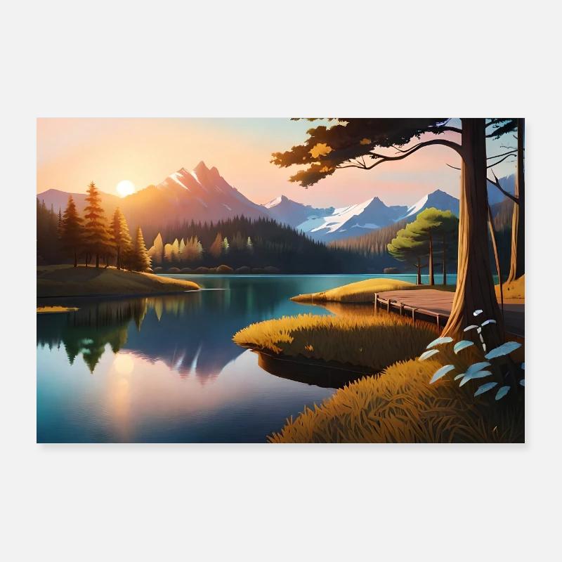 Anime beau lac dans la forêt Poster 90 x 60 cm