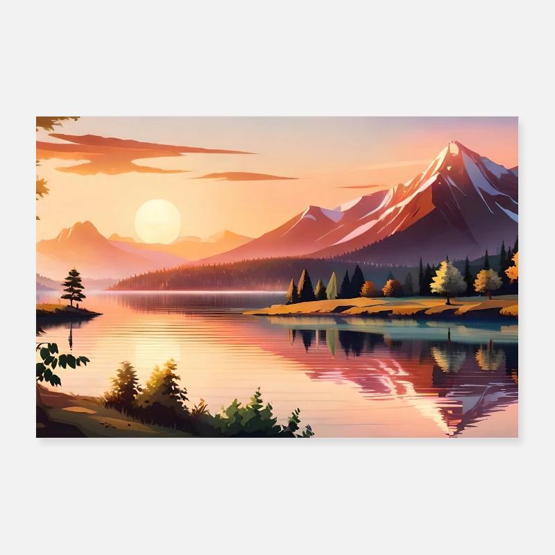 Lac d’anime dans la forêt entre les montagnes Poster 90 x 60 cm